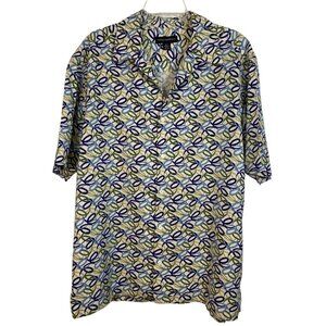 Jhane Barnes Men's Camp Shirt Size XL 100% Silk Abstract Casual Blue Green